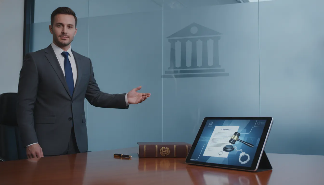 A lawyer with a tablet showing a gavel and handcuffs, explaining why you must hire a DWI lawyer.