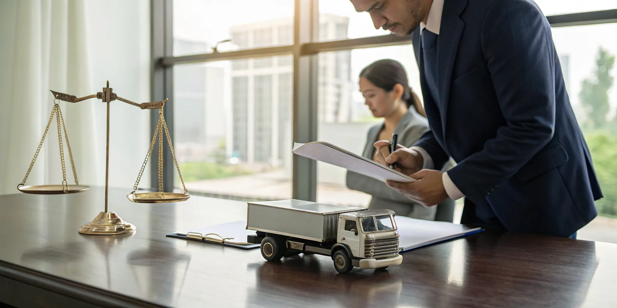 A toy truck and legal documents on a desk for a free truck accident lawyer consultation.