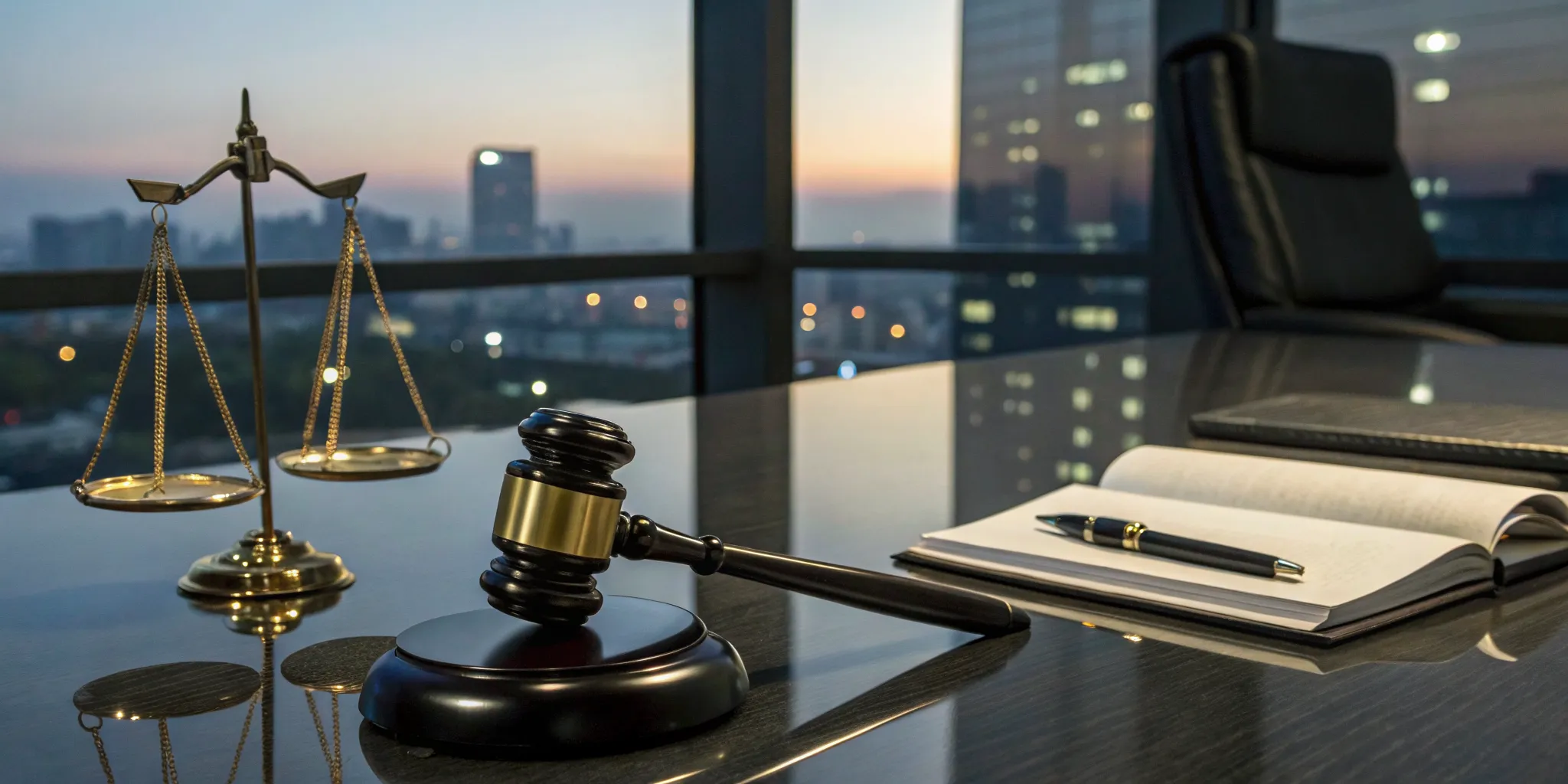 Gavel and scales of justice on a lawyer's desk for a DUI defense case.